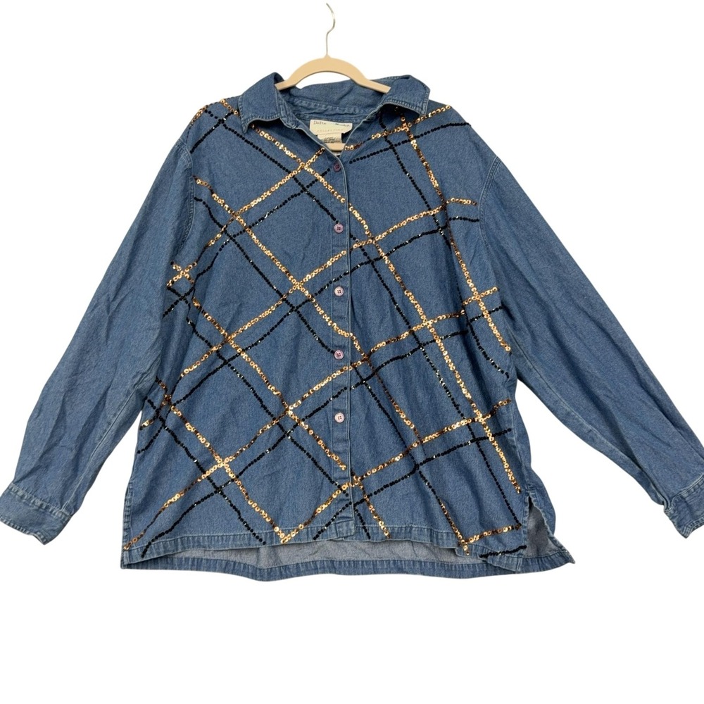 Delta Burke Shirt‎ Womens 2X Blue Denim Sequin Argyle Button Embellished Top